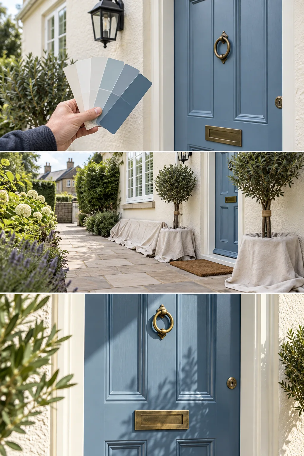 Comparing exterior paint colours beside a blue front door