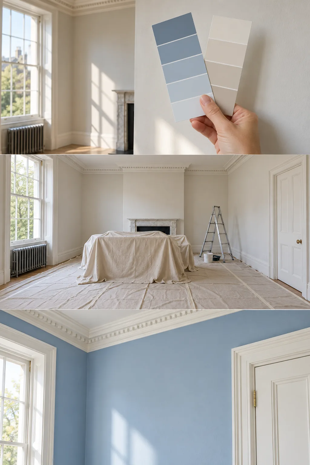 Comparing blue and neutral paint swatches inside a room
