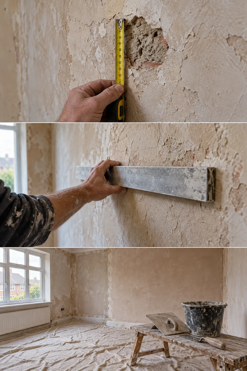 Measuring a damaged patch of plaster to show its size