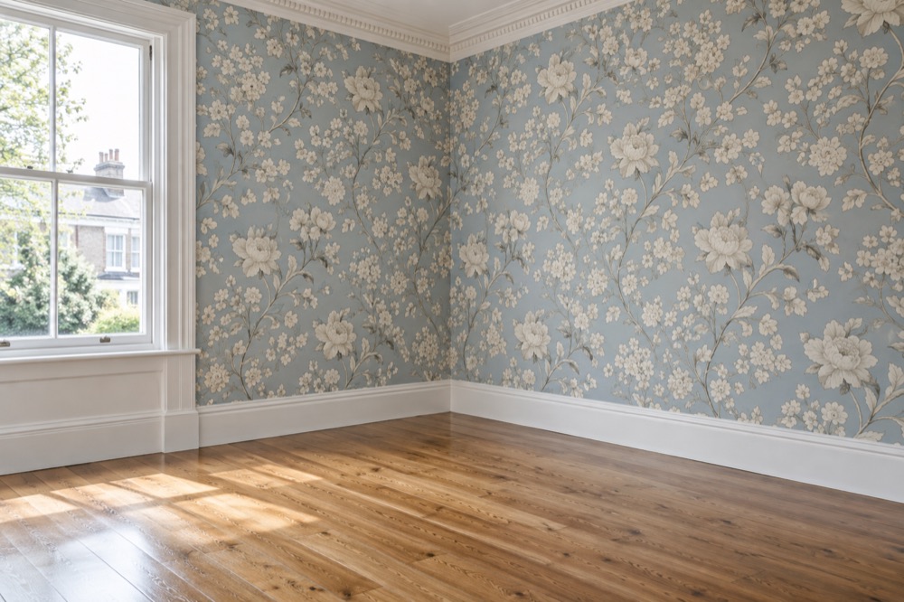 Matching blue floral wallpaper continuing around a room corner