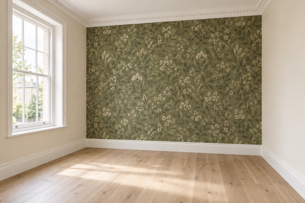 A botanical wallpaper feature wall beside plain cream walls