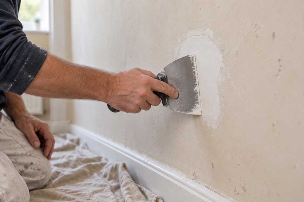 A decorator smoothing a wall repair before wallpapering